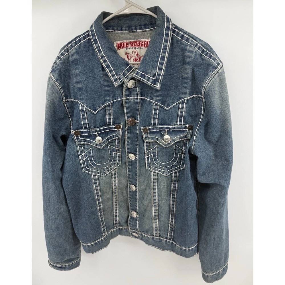 True Religion Jimmy Super T Denim Jacket Mens XXL Made USA Blue Trucker Y2K